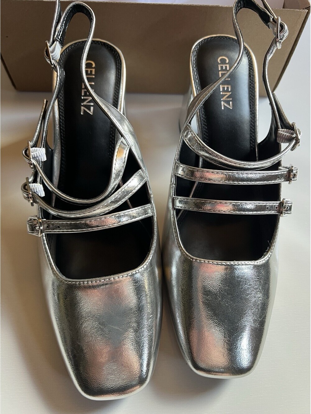 Vintage Square Toe Triple Strap Silver Block Heels W 8.5